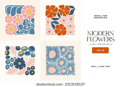 Abstrakte florale Elemente. Botanische Zusammensetzung. Moderner Stil Matisse minimalistisch. Blumenposter, lade ein. Vektorgrafik-Arrangements für Grußkarten oder Einladungen