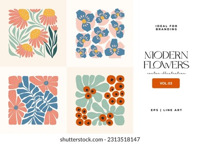 Floral abstract elements. Botanical composition. Modern trendy Matisse minimal style. Floral poster, invite. Vector arrangements for greeting card or invitation design