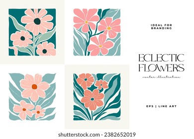 Floral abstract elements. Botanical composition. Modern trendy Matisse minimal style. Floral poster, invite. Vector arrangements for greeting card or invitation design