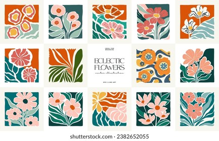 Floral abstract elements. Botanical composition. Modern trendy Matisse minimal style. Floral poster, invite. Vector arrangements for greeting card or invitation design