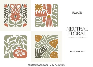 Floral abstract elements. Botanical composition. Modern trendy Matisse minimal style. Floral poster, invite. Vector arrangements for greeting card or invitation design