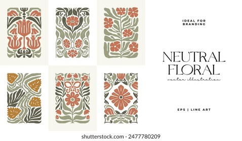 Floral abstract elements. Botanical composition. Modern trendy Matisse minimal style. Floral poster, invite. Vector arrangements for greeting card or invitation design