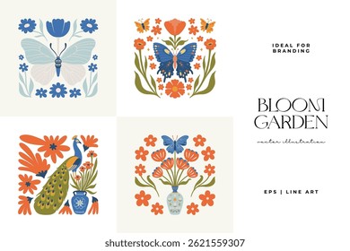 Floral abstract elements. Botanical composition. Modern trendy Matisse minimal style. Floral poster, invite. Vector arrangements for greeting card or invitation design