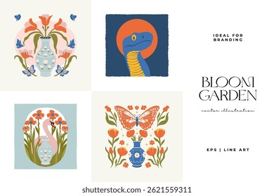 Floral abstract elements. Botanical composition. Modern trendy Matisse minimal style. Floral poster, invite. Vector arrangements for greeting card or invitation design