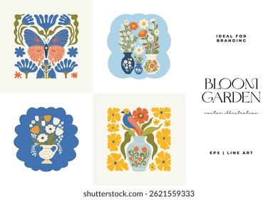 Elementos abstractos florales. Composición botánica. Moderno estilo minimalista Matisse de moda. Afiche floral, invitad. Arreglos de Vector para diseño de tarjeta de felicitación o invitación