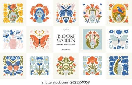 Floral abstract elements. Botanical composition. Modern trendy Matisse minimal style. Floral poster, invite. Vector arrangements for greeting card or invitation design