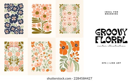 Floral abstract elements. Botanical groovy composition. Modern trendy Matisse minimal style. Floral poster, invite. Vector arrangements for greeting card or invitation design