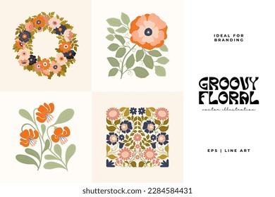 Floral abstract elements. Botanical groovy composition. Modern trendy Matisse minimal style. Floral poster, invite. Vector arrangements for greeting card or invitation design