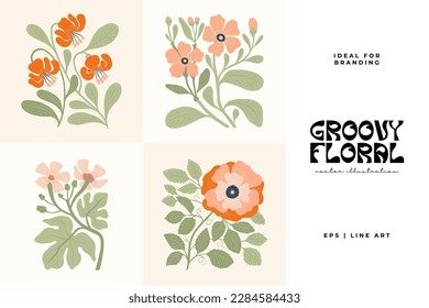 Floral abstract elements. Botanical groovy composition. Modern trendy Matisse minimal style. Floral poster, invite. Vector arrangements for greeting card or invitation design