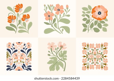 Floral abstract elements. Botanical groovy composition. Modern trendy Matisse minimal style. Floral poster, invite. Vector arrangements for greeting card or invitation design