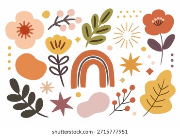 Elementos abstractos florales en estilo acogedor dibujado a mano para temas de decoración boho y moderno. Perfecto para branding, carteles, invitaciones, redes sociales y packaging.