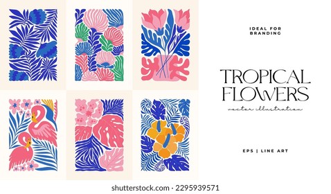 Floral abstract elements. Tropical Botanical composition. Modern trendy Matisse minimal style. Floral poster, invite. Vector arrangements for greeting card or invitation design