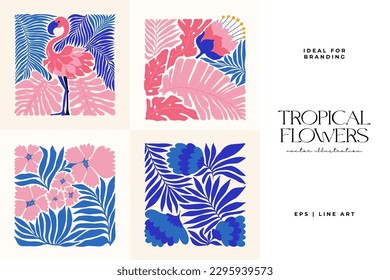 Floral abstract elements. Tropical Botanical composition. Modern trendy Matisse minimal style. Floral poster, invite. Vector arrangements for greeting card or invitation design