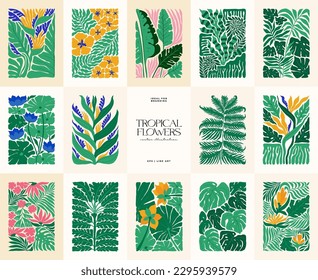 Floral abstract elements. Tropical Botanical composition. Modern trendy Matisse minimal style. Floral poster, invite. Vector arrangements for greeting card or invitation design