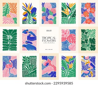 Floral abstract elements. Tropical Botanical composition. Modern trendy Matisse minimal style. Floral poster, invite. Vector arrangements for greeting card or invitation design