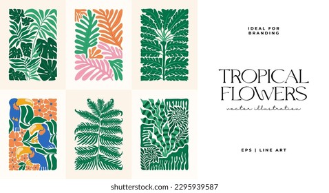 Floral abstract elements. Tropical Botanical composition. Modern trendy Matisse minimal style. Floral poster, invite. Vector arrangements for greeting card or invitation design