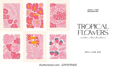 Floral abstract elements. Tropical Botanical composition. Modern trendy Matisse minimal style. Floral poster, invite. Vector arrangements for greeting card or invitation design