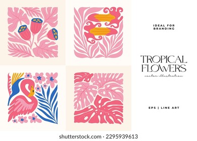 Floral abstract elements. Tropical Botanical composition. Modern trendy Matisse minimal style. Floral poster, invite. Vector arrangements for greeting card or invitation design
