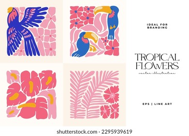 Floral abstract elements. Tropical Botanical composition. Modern trendy Matisse minimal style. Floral poster, invite. Vector arrangements for greeting card or invitation design