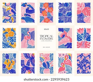 Floral abstract elements. Tropical Botanical composition. Modern trendy Matisse minimal style. Floral poster, invite. Vector arrangements for greeting card or invitation design