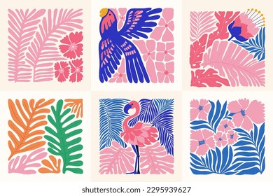 Floral abstract elements. Tropical Botanical composition. Modern trendy Matisse minimal style. Floral poster, invite. Vector arrangements for greeting card or invitation design