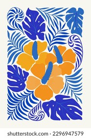 Elementos abstractos florales. Composición botánica tropical. Moderna moda Matisse minimalista. Afiche floral, invitación. Disposiciones de vectores para el diseño de tarjetas de felicitación o invitaciones