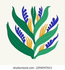 Elementos abstractos florales. Composición botánica tropical. Moderna moda Matisse minimalista. Afiche floral, invitación. Disposiciones de vectores para el diseño de tarjetas de felicitación o invitaciones
