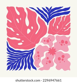 Elementos abstractos florales. Composición botánica tropical. Moderna moda Matisse minimalista. Afiche floral, invitación. Disposiciones de vectores para el diseño de tarjetas de felicitación o invitaciones