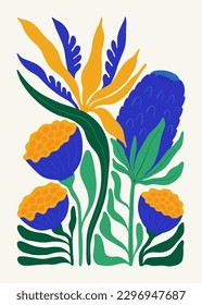 Floral abstract elements. Tropical Botanical composition. Modern trendy Matisse minimal style. Floral poster, invite. Vector arrangements for greeting card or invitation design