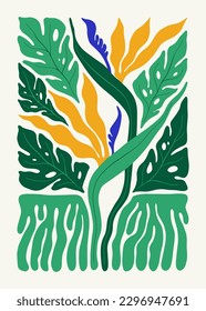 Floral abstract elements. Tropical Botanical composition. Modern trendy Matisse minimal style. Floral poster, invite. Vector arrangements for greeting card or invitation design