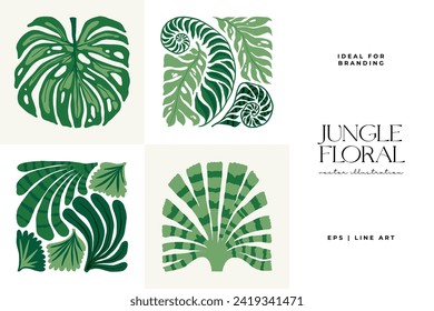 Floral abstract elements. Tropical Botanical composition. Modern trendy Matisse minimal style. Floral poster, invite. Vector arrangements for greeting card or invitation design