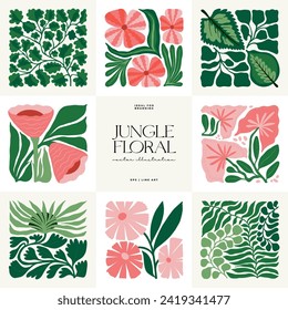 Floral abstract elements. Tropical Botanical composition. Modern trendy Matisse minimal style. Floral poster, invite. Vector arrangements for greeting card or invitation design