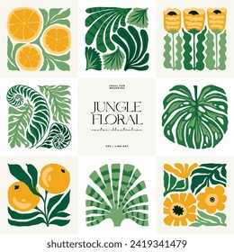 Floral abstract elements. Tropical Botanical composition. Modern trendy Matisse minimal style. Floral poster, invite. Vector arrangements for greeting card or invitation design