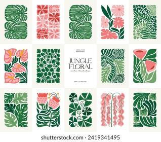 Floral abstract elements. Tropical Botanical composition. Modern trendy Matisse minimal style. Floral poster, invite. Vector arrangements for greeting card or invitation design