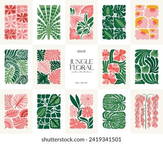 Floral abstract elements. Tropical Botanical composition. Modern trendy Matisse minimal style. Floral poster, invite. Vector arrangements for greeting card or invitation design