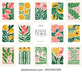 Floral abstract elements. Tropical Botanical composition. Modern trendy Matisse minimal style. Floral poster, invite. Vector arrangements for greeting card or invitation design