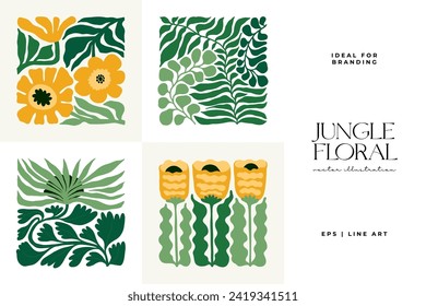 Floral abstract elements. Tropical Botanical composition. Modern trendy Matisse minimal style. Floral poster, invite. Vector arrangements for greeting card or invitation design