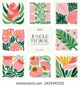 Abstrakte florale Elemente. Tropische botanische Zusammensetzung. Moderner Stil Matisse minimalistisch. Blumenposter, lade ein. Vektorgrafik-Arrangements für Grußkarten oder Einladungen