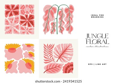 Floral abstract elements. Tropical Botanical composition. Modern trendy Matisse minimal style. Floral poster, invite. Vector arrangements for greeting card or invitation design