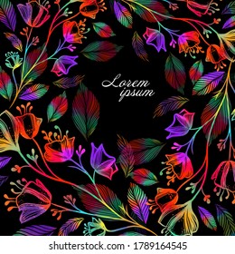 Floral abstract frame made of multicolored flowers. Mixed media. Vector illustration.