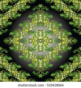 Floral abstract geometric dark  vector seamless pattern  background wallpaper with vintage green 3d grapes, flowers, leaves, rhombus and flowery ornaments.