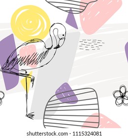 Floral abstract geometric seamless pattern with flamingo.