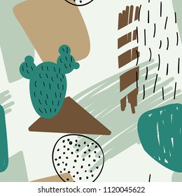 Floral abstract geometric seamless pattern with cactus.