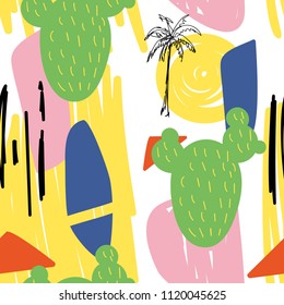 Floral abstract geometric seamless pattern with cactus.