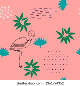 Floral abstract geometric seamless pattern with flamingo.