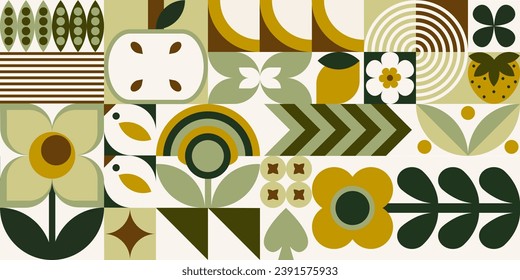 Floral abstract geometric seamless pattern for wrapping, pack paper, greeting cards, posters, banners and social media. Natural eco background with flowers, plants and simple forms in a bauhaus style.