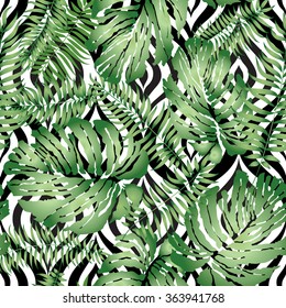 Floral abstract geometric tiled pattern. Tropical palm leaves seamless background