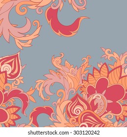 floral abstract hand drawn illustration, red plants on grey background
