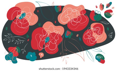 Floral abstract header witn dark spot with abstract flowers. Trendy abstract floral summer and spring romantic illustration. Beautiful wedding and holiday design. Seasonal top header