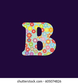 Floral abstract lettering on dark purple background. B letter vector illustration.
